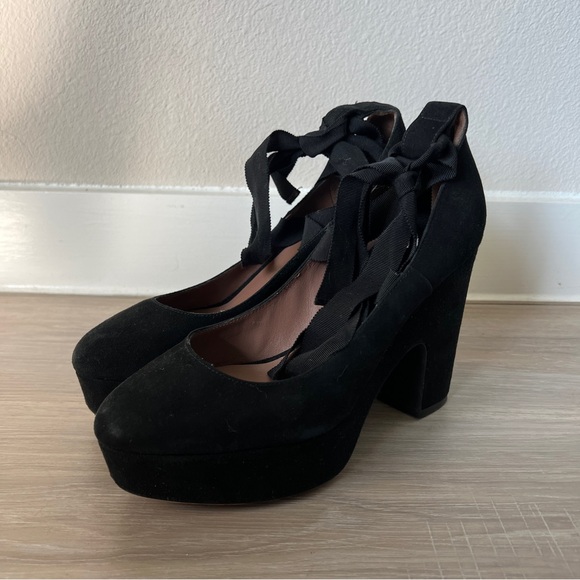 Tabitha Simmons Sky Velvet Ankle Tie Platform Pumps Size 38 - Picture 6 of 13